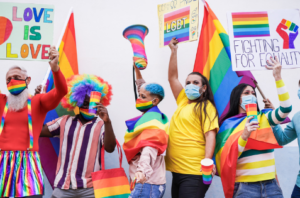 LGBTQ+ Rights Demonstration with Rainbow Colors and Banners